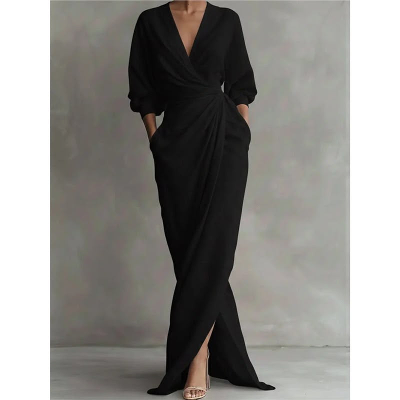 Deep V-Neck Draped Wrap Maxi Dress