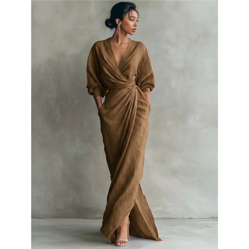 Deep V-Neck Draped Wrap Maxi Dress
