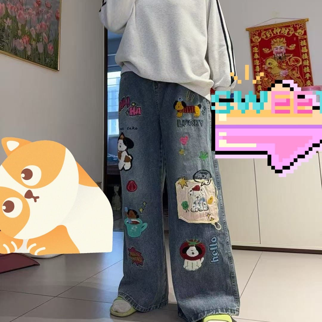 Cartoon Patch Wide Leg Jeans