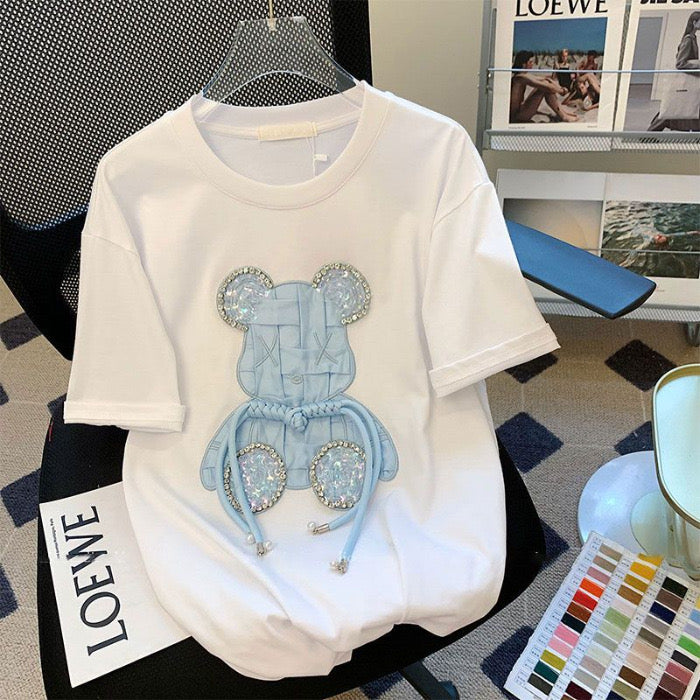 3D RHINESTONE BEAR OVERSIZED COTTON TEE