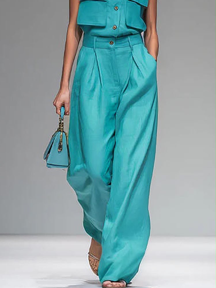 Linen Utility Vest & Wide Leg Pleated Trousers Co-ord Set | Mandarin Collar | Teal & Ivory