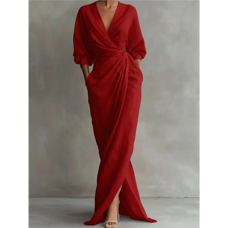 Deep V-Neck Draped Wrap Maxi Dress
