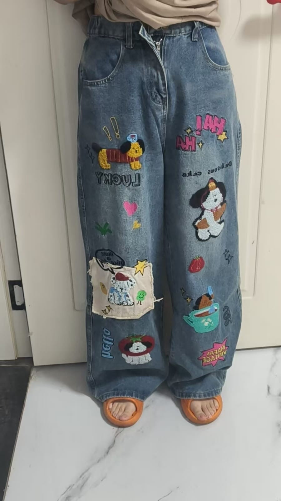 Cartoon Patch Wide Leg Jeans