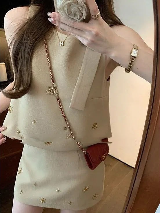 Beige Tweed Floral Embellished Co-ord Set | Bow Detail Top & Mini Skirt