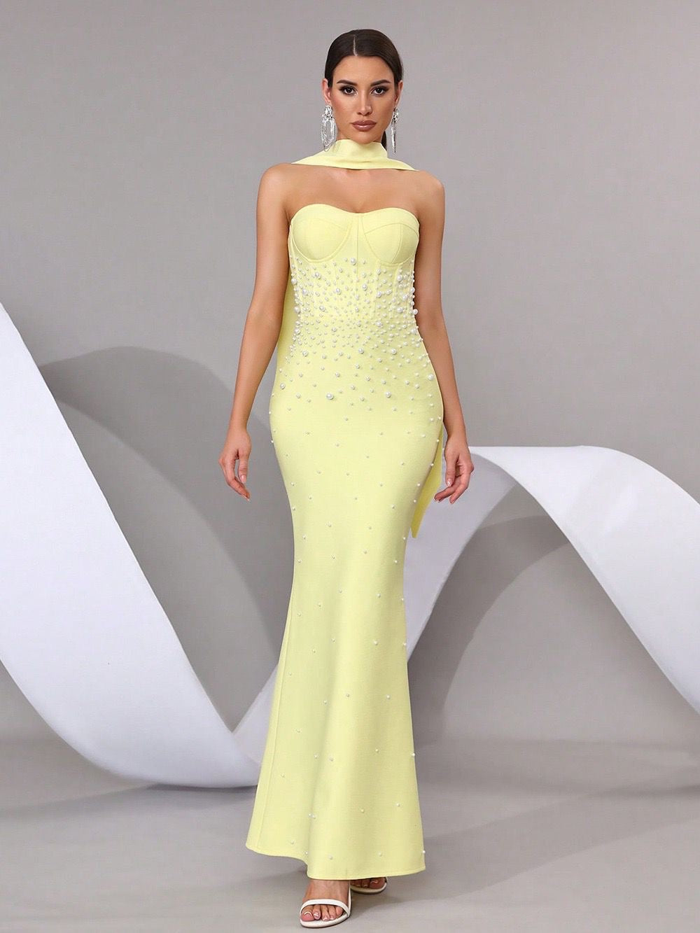 Butter Yellow Pearl Embellished Halter Neck Mermaid Maxi Dress