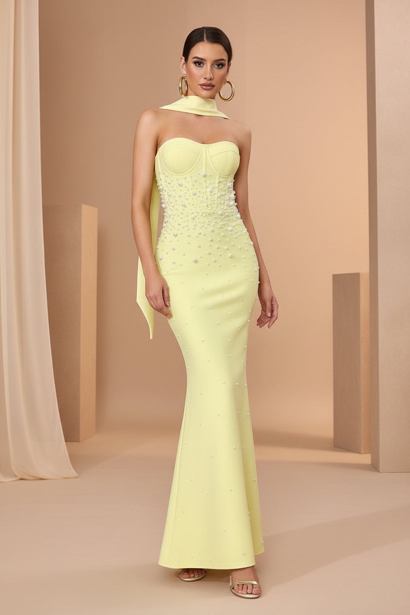 Butter Yellow Pearl Embellished Halter Neck Mermaid Maxi Dress