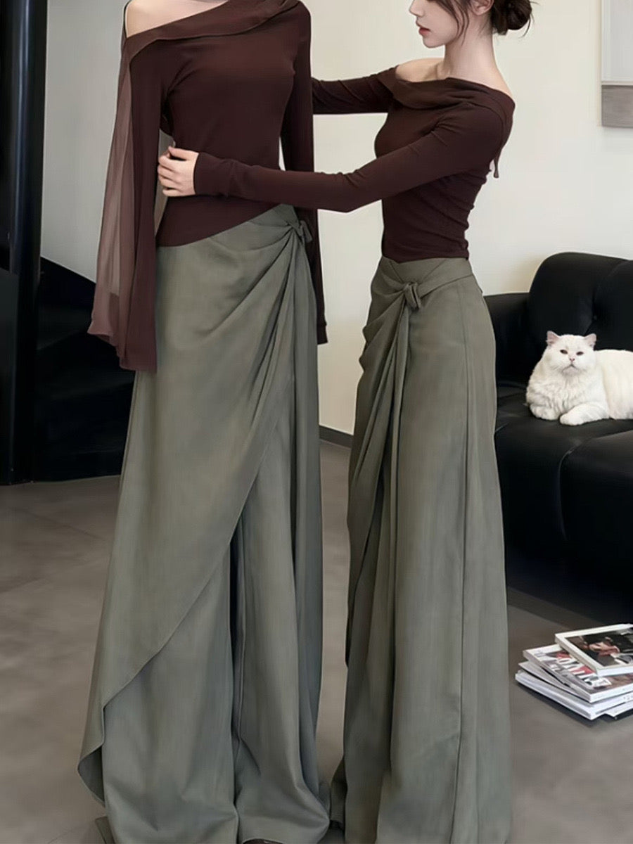 Off-Shoulder Mesh Top & Ruched Wide Leg Pants Co-ord Set for Women – Korean Aesthetic 2-Piece Outfit