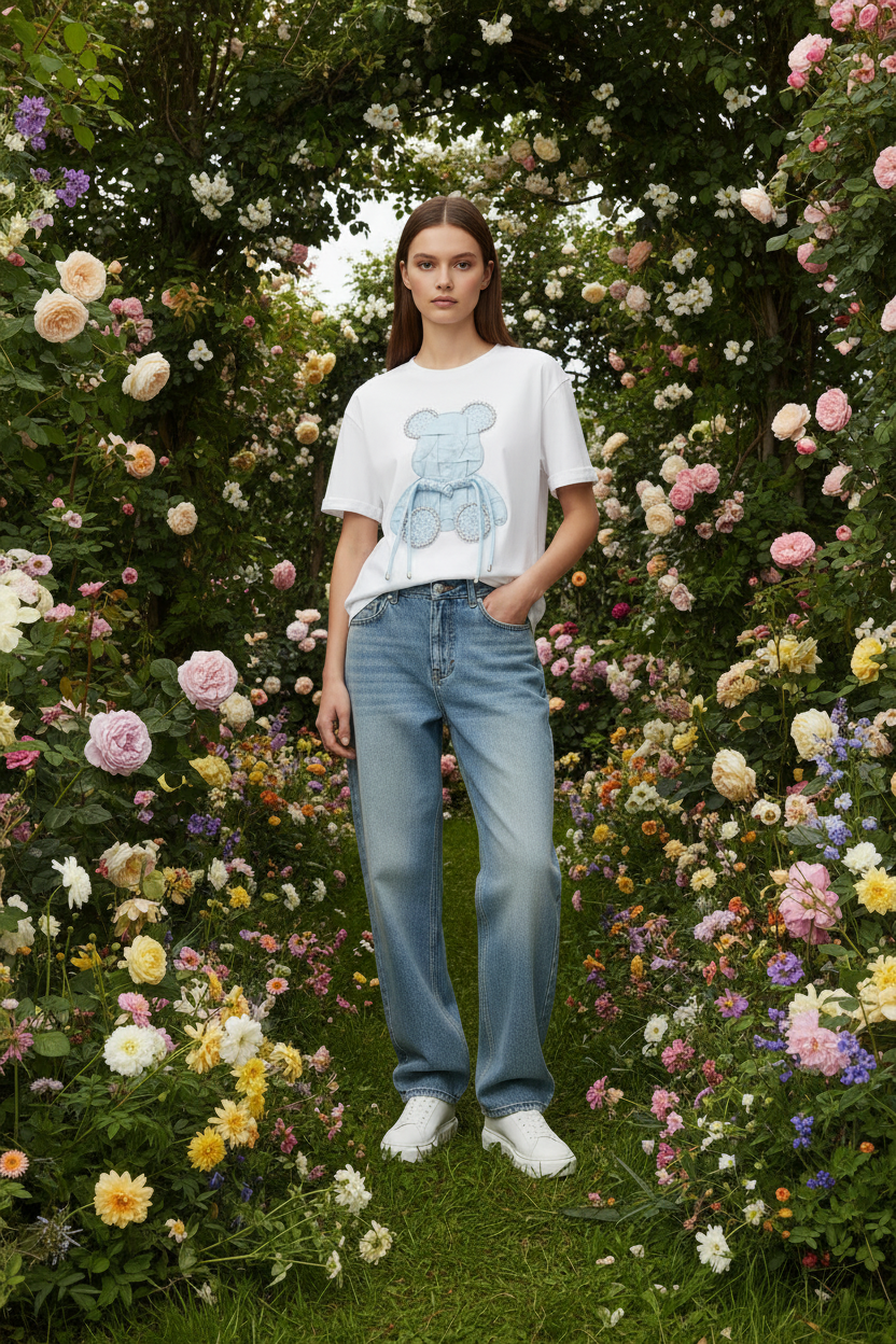 3D Rhinestone Bear Oversized Cotton Tee