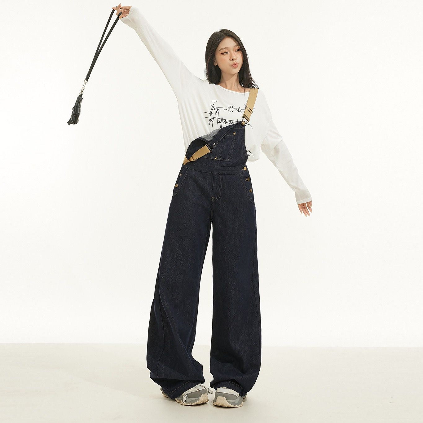 Wide Leg Denim Dungaree Overalls with Contrast Straps