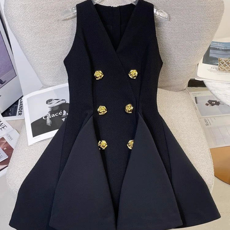 Midnight Empress Gold-Button Fit & Flare Dress (Pre-Order only)