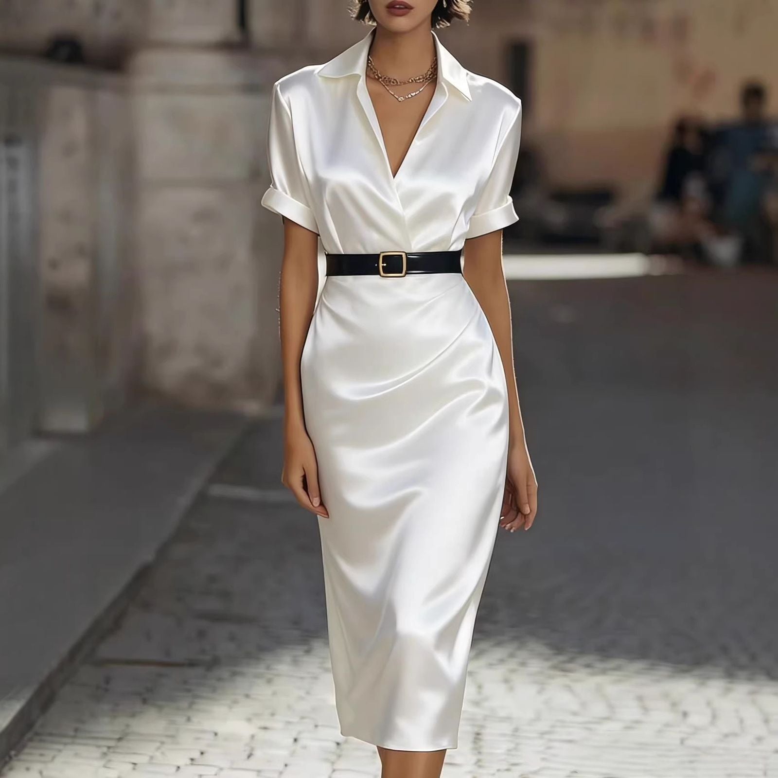 Satin V-Neck Gold Buckle Belted Pencil Midi Dress