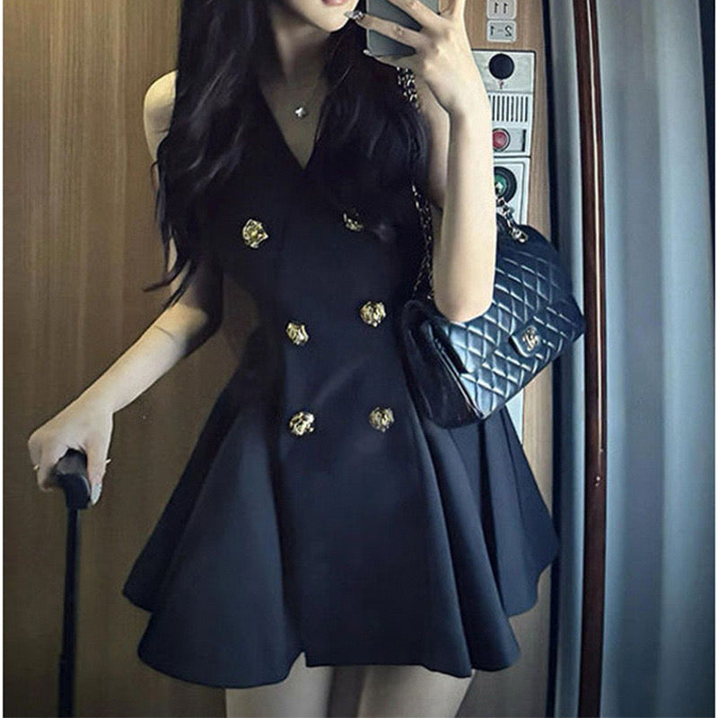 Midnight Empress Gold-Button Fit & Flare Dress (Pre-Order only)