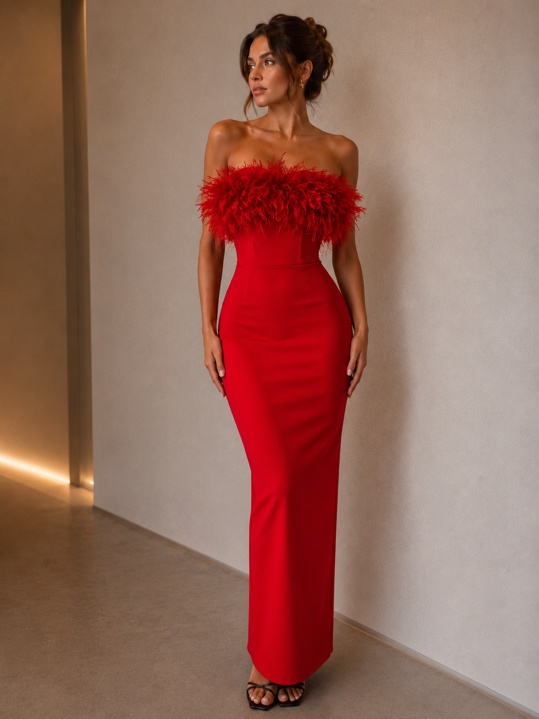 FEATHER BUST SPAGHETTI STRAP BODYCON MAXI