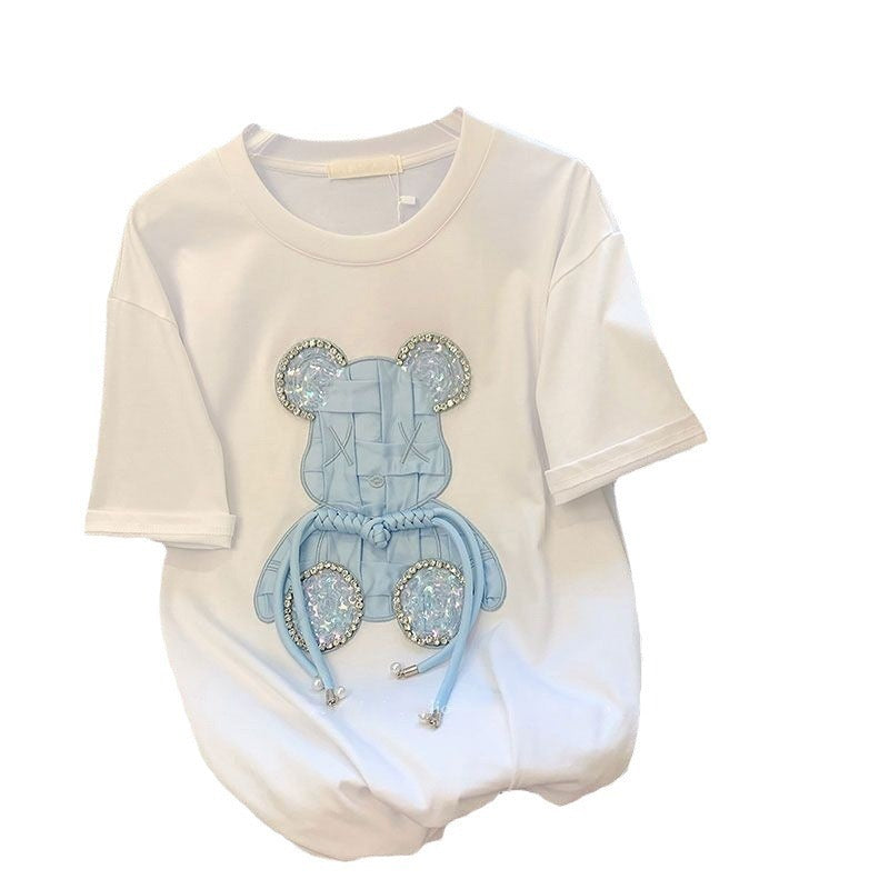 3D Rhinestone Bear Oversized Cotton Tee