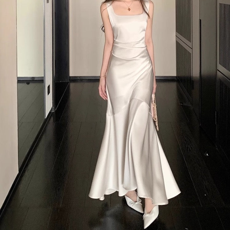 Ivory Satin Square Neck Ruched Waist Mermaid Maxi Dress