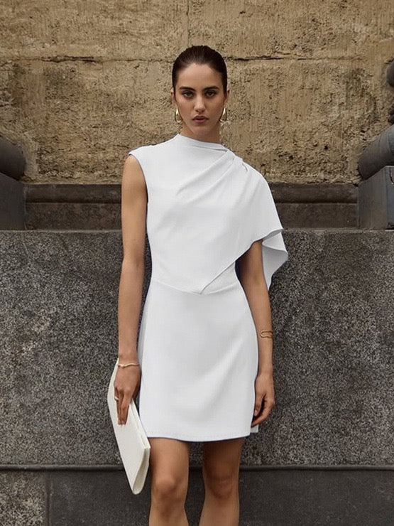 White Cape-Drape Asymmetric Mini Dress