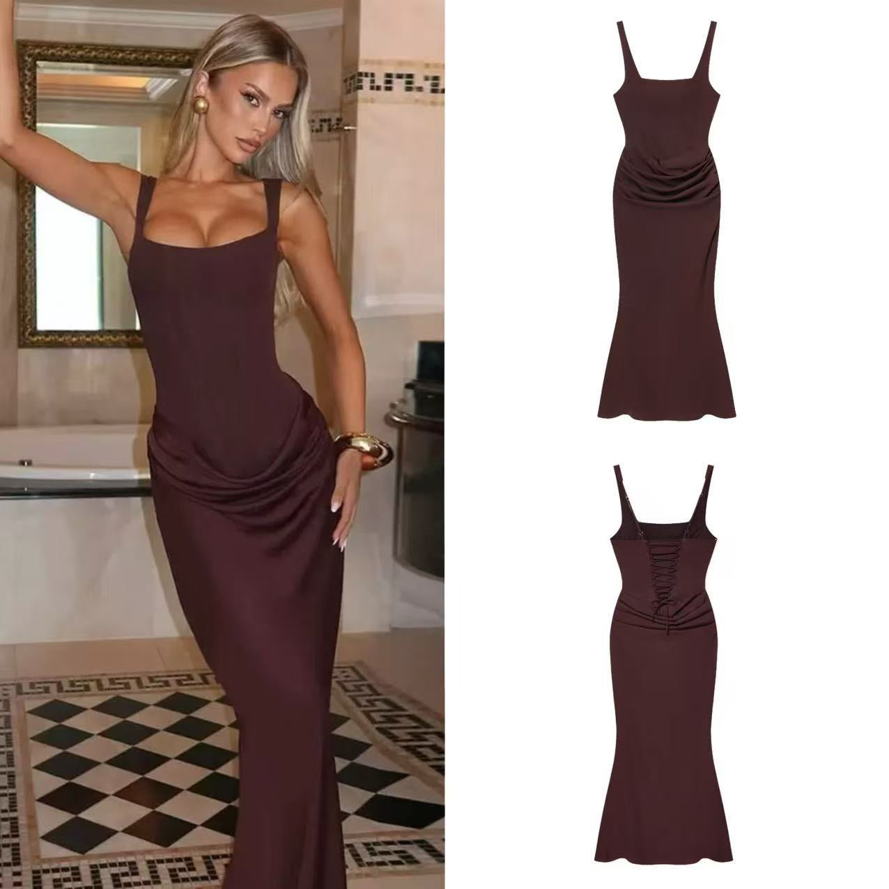 Square Neck Ruched Mermaid Midi Dress