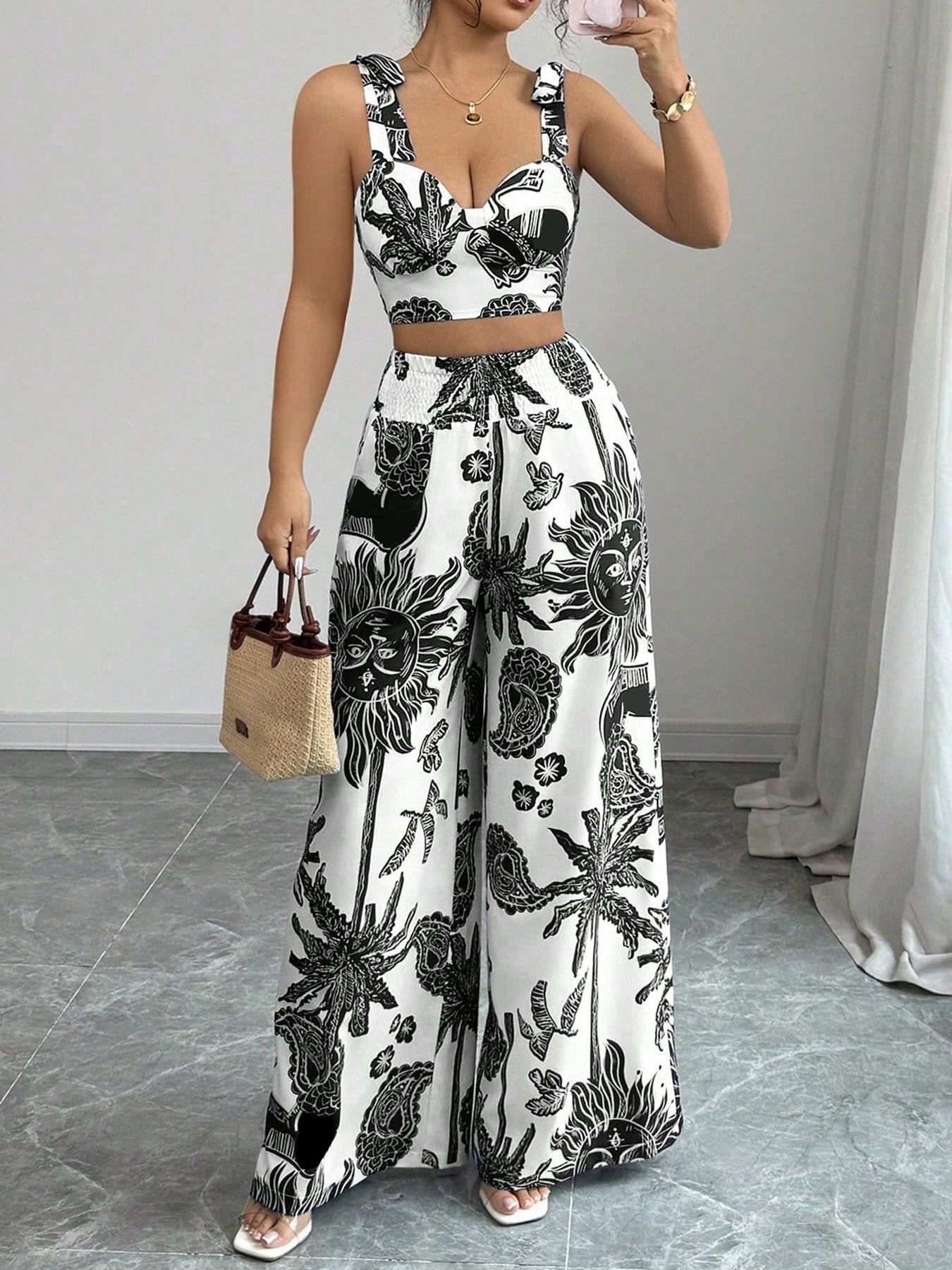 Celestial Sun Print Crop Top & Wide-Leg Pants Co-ord Set