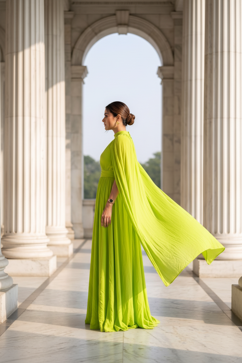 Chartreuse Mock Neck Ruched Maxi Dress