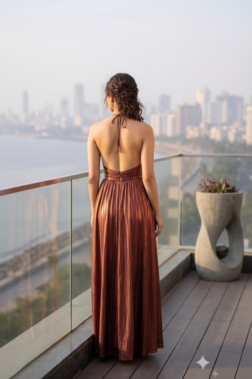 Metallic Copper Cut-Out Halter Gown