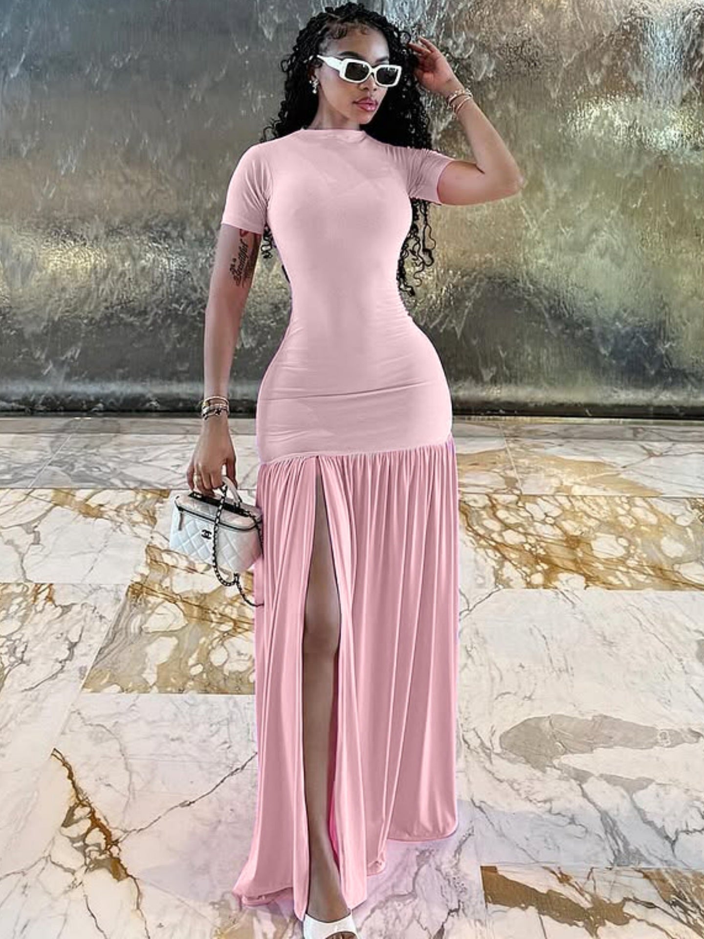 2025 European and American Style Cross-Border Foreign Trade Women's Skirt Fashionable Elegant Round Neck Slim Slit Splicing Dress Women's Summer