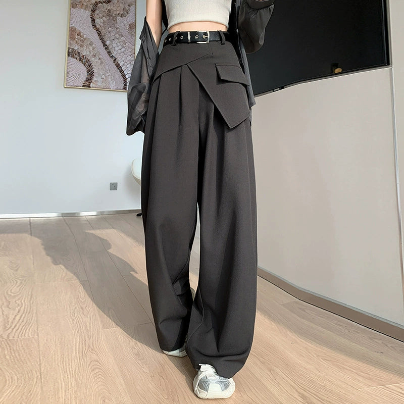 High-End Faux Two-Piece Draped Suit Wide-Leg Pants for Women, 2026 Spring New High-Waisted Slimming Casual Straight-Leg Floor-Length Pants