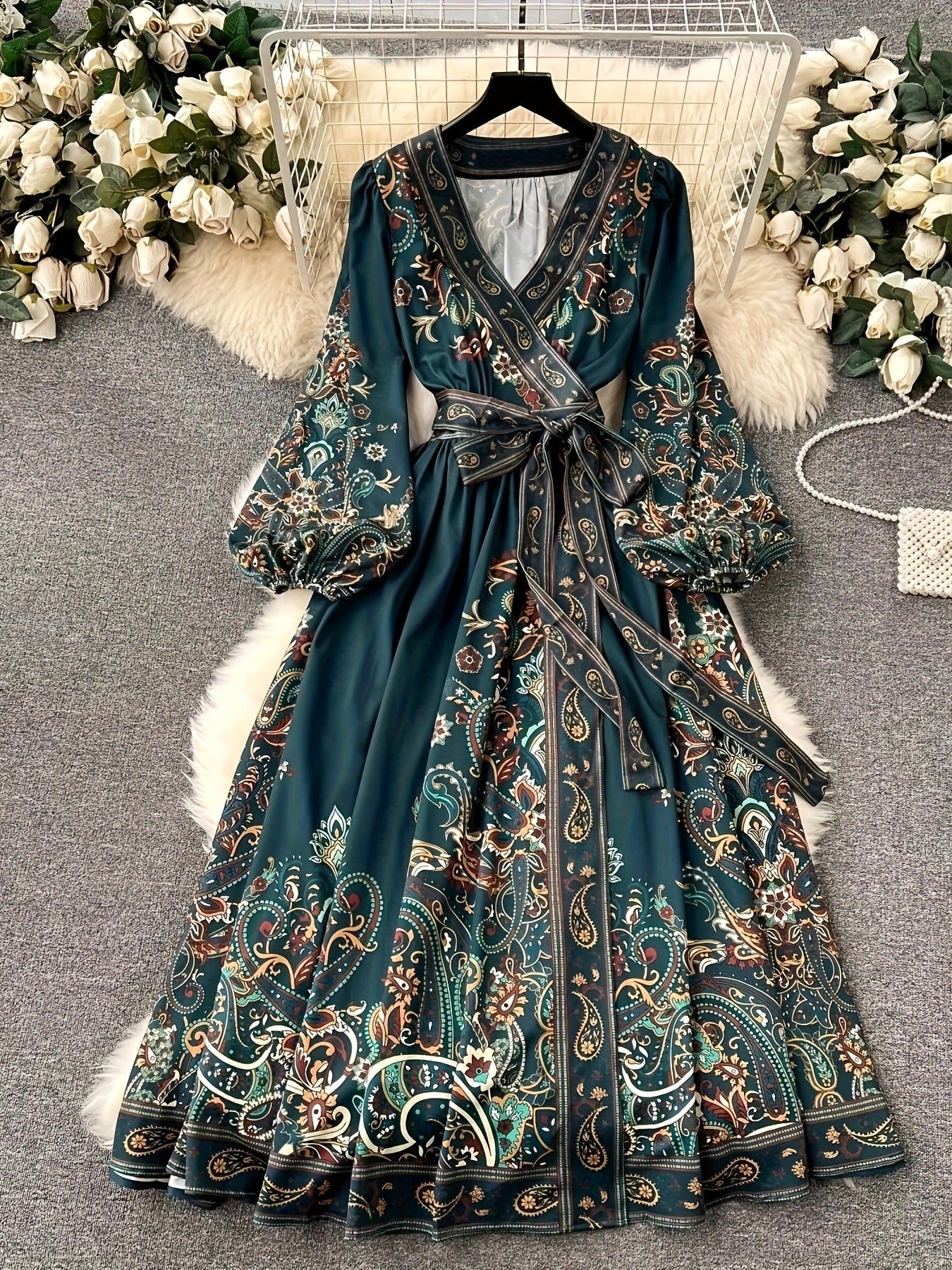 2026 Early Spring Cross-Border European and American Women's V-Neck Ethnic Style Long-Sleeve Printed Dress with Waist Tie