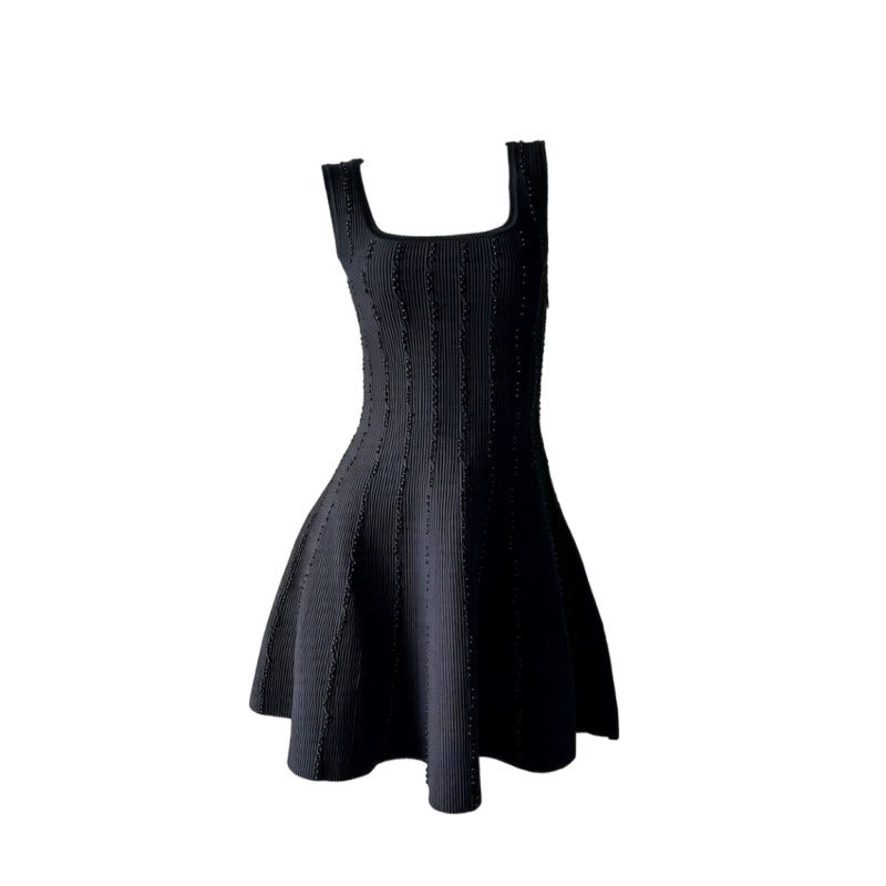 2026 Summer New Style French Women's Fashion Pearl Vertical Texture Waist-Cinching A-Line Skirt Strap Dress