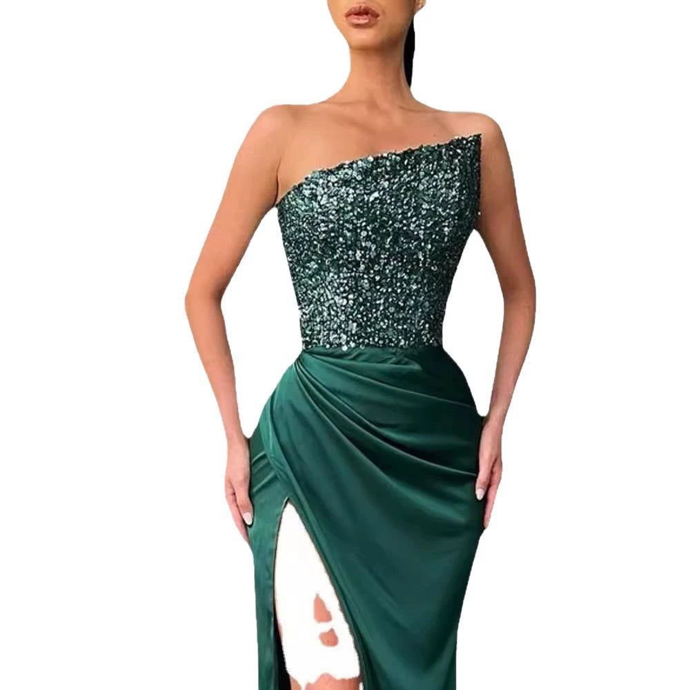 2026 New Cross-Border Foreign Trade Style Green Sequin Fairy Long Sleeveless Fashionable Elegant Mid-Length Evening Dress