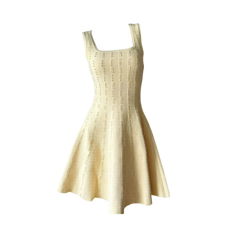 2026 Summer New Style French Women's Fashion Pearl Vertical Texture Waist-Cinching A-Line Skirt Strap Dress