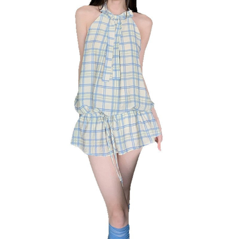 French-Style High-End Plaid Halter Neck Dress for Women, Sleeveless Summer Hot Girl Style, 2025 New French-Style Tank Dress