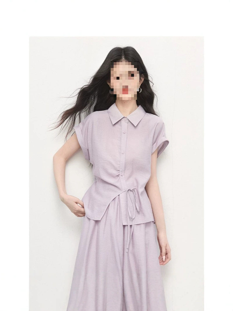 Xishijie Gentle and Sophisticated Style Purple Outfit Summer Women's Lightweight Linen Shirt and Cropped Skirt Pants Two-Piece Set