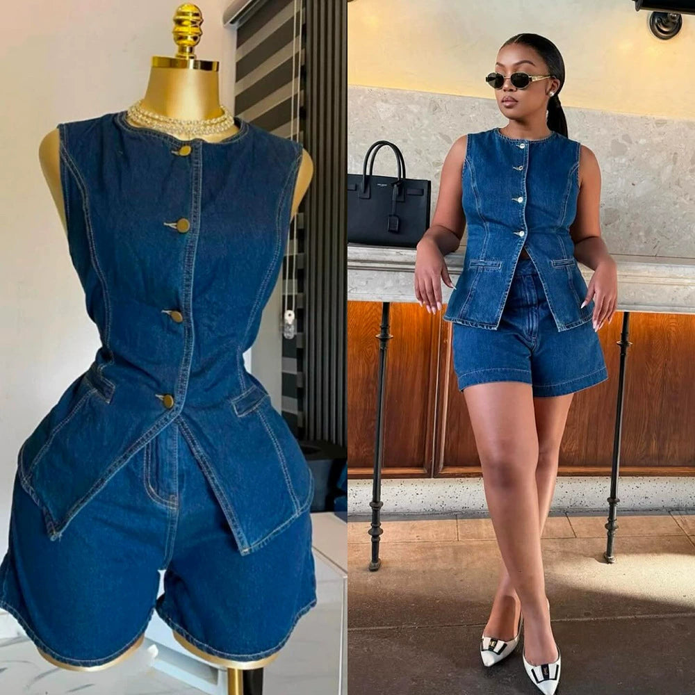 PAPARAZZI CLOSET European and American Trendy Denim Sleeveless Tops and Shorts Suit