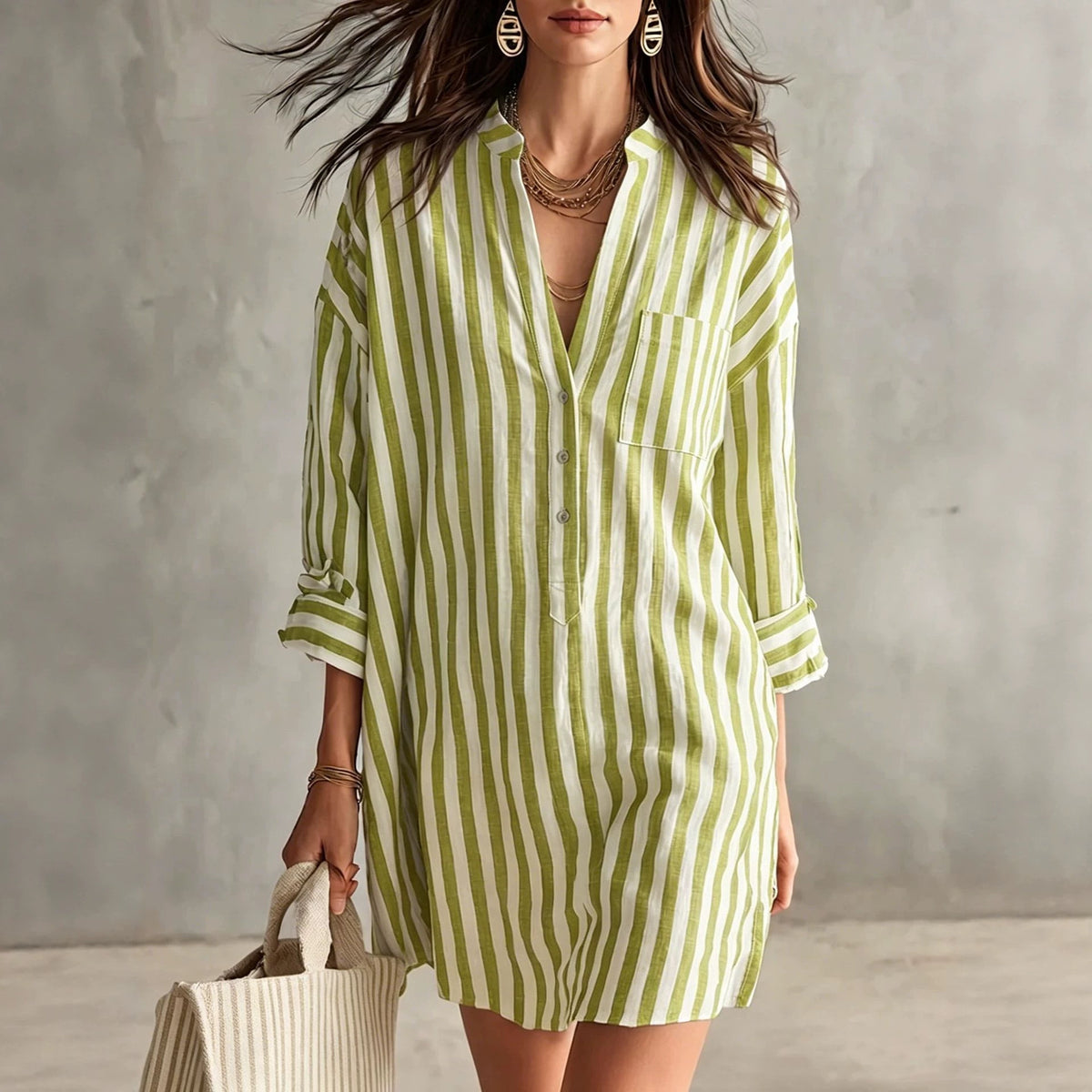 Disney-Inspired 2026 Autumn Chic V-Neck Striped Shirt Dress - Premium European & American Style