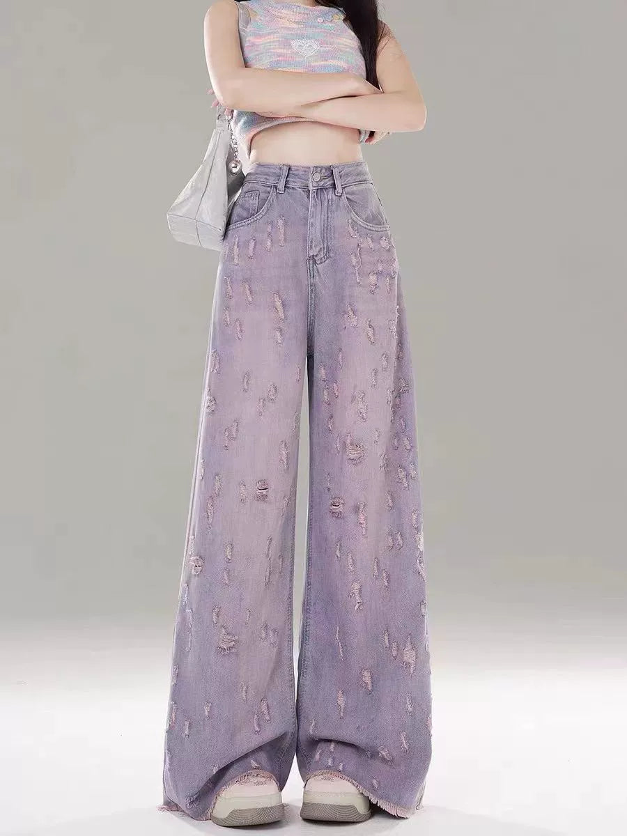 Pink-Purple High-Waisted Wide-Leg Jeans for Women, 2025 Summer New Style, Ripped with Frayed Edges, Drapey Floor-Length Pants