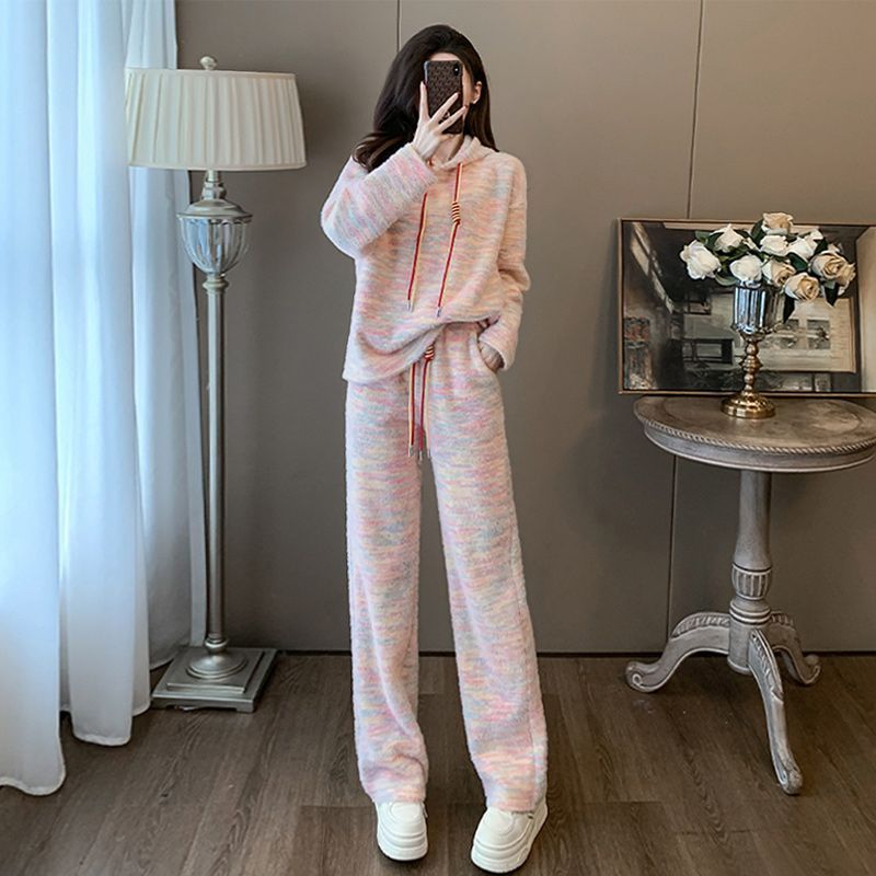 Spring and Autumn Lazy Style Casual Sports suit Rainbow Loose Hooded Sweat High Waist Wide Leg Pants Two-piece Women's Clothing
