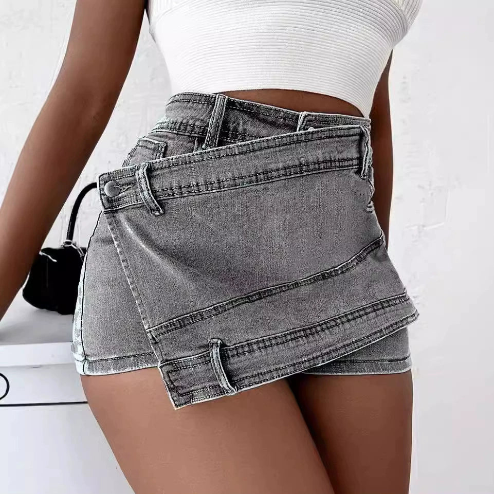 Plus Size Women's A-Line High-Waisted Irregular Wide-Leg Pants Korean Style Slimming Denim Skirt Pants Shorts Trendy Ins Fashion Brand