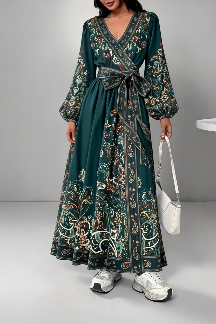 Enchanted 2026 Early Spring V-Neck Ethnic Print Long-Sleeve Waist-Tie Dress