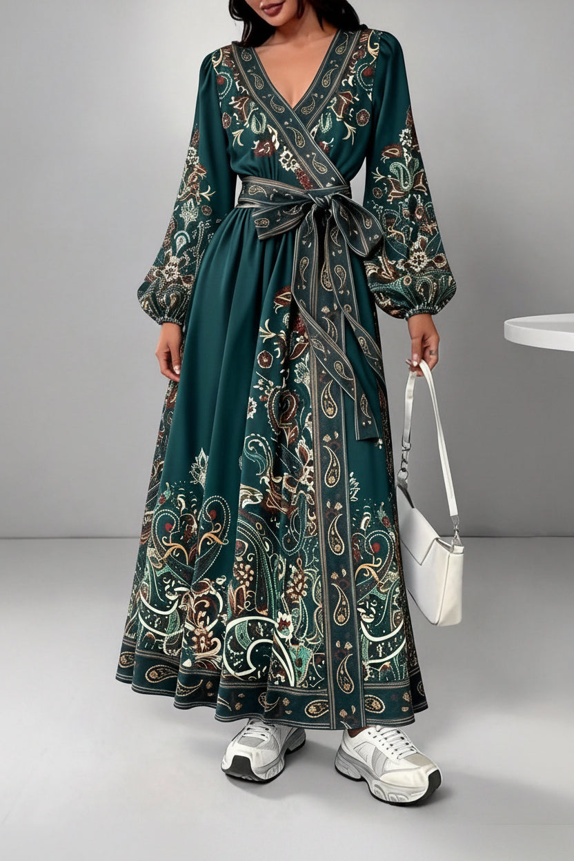 2026 Early Spring Cross-Border European and American Women's V-Neck Ethnic Style Long-Sleeve Printed Dress with Waist Tie