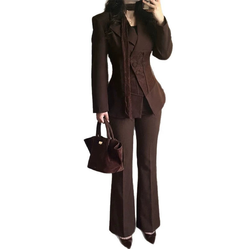 2026 Autumn Fashion European and American New Style Amazon Foreign Trade Cross-Border Women's Lace Patchwork Straight-Leg Pants Suit Set