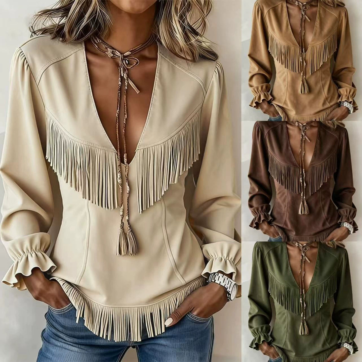 2026 Amazon European and American Cross-Border Women's Fashion Autumn/Winter New Vintage V-Neck Solid Color Tassel Suede Long Sleeve Top