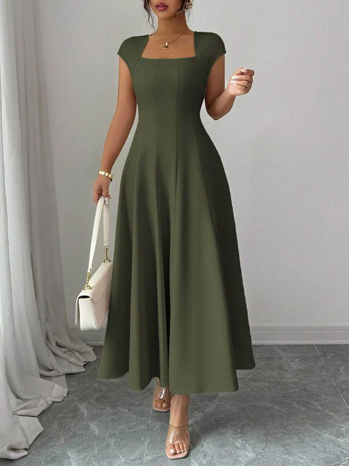 Elegant Square Neck Short-Sleeve Long Dress
