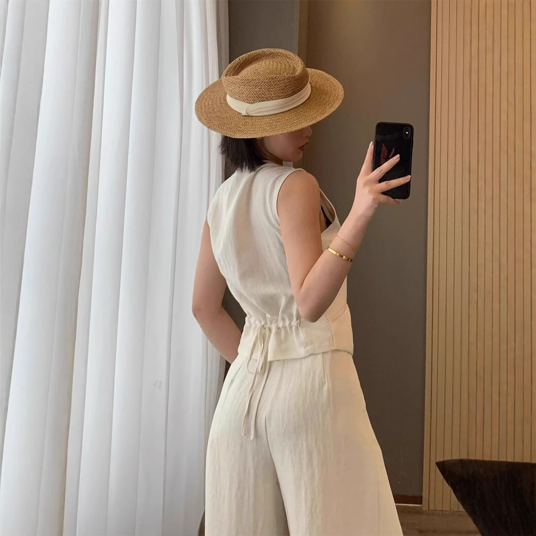 Disney-Inspired Tencel Linen Sleeveless Vest and Wide-Leg Pant Set - Elegant 2026 Summer Old Money Collection
