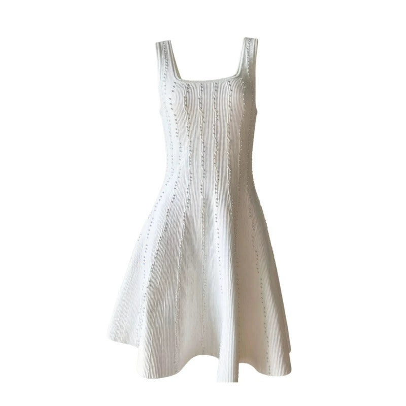 2026 Summer New Style French Women's Fashion Pearl Vertical Texture Waist-Cinching A-Line Skirt Strap Dress