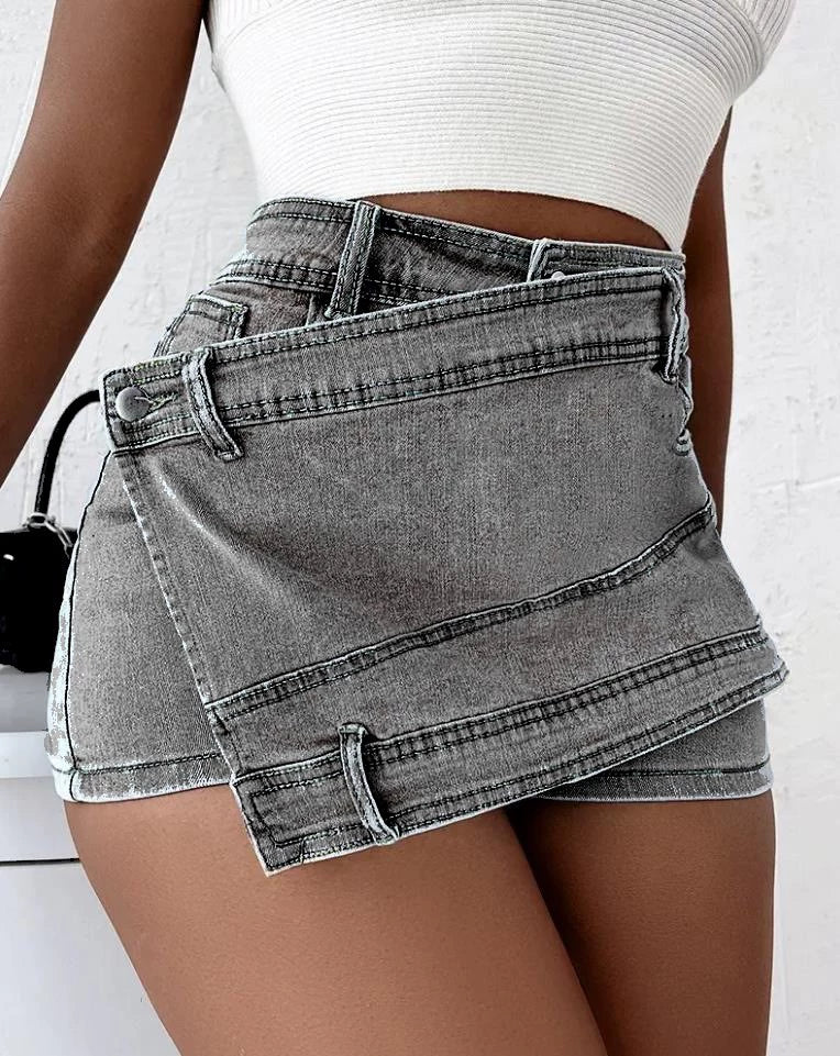 Plus Size Women's A-Line High-Waisted Irregular Wide-Leg Pants Korean Style Slimming Denim Skirt Pants Shorts Trendy Ins Fashion Brand