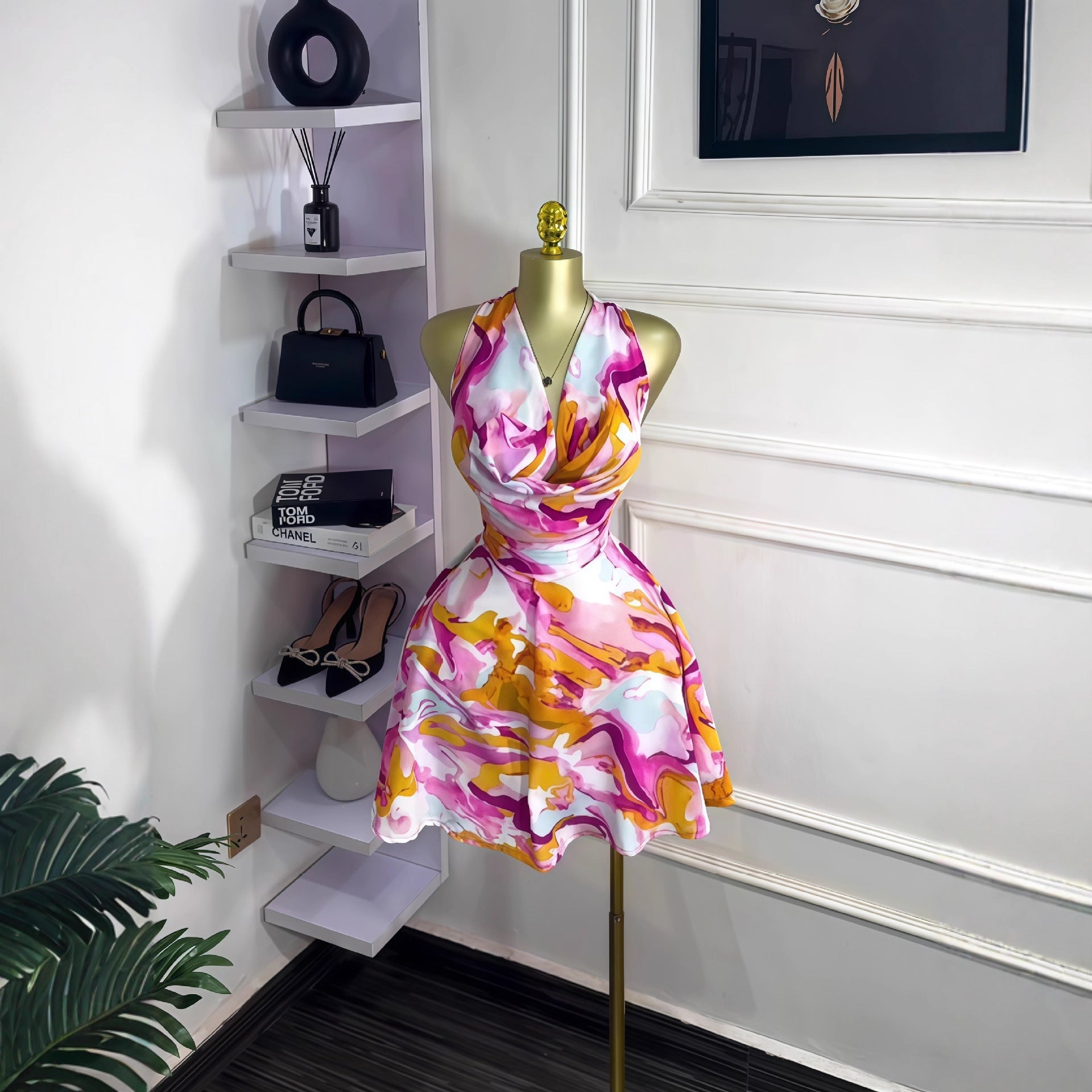 European and American Cross-Border Women's Clothing 2025 New Autum Sleeveless Swing Collar Waist Strap Elegant Printed Short Dress