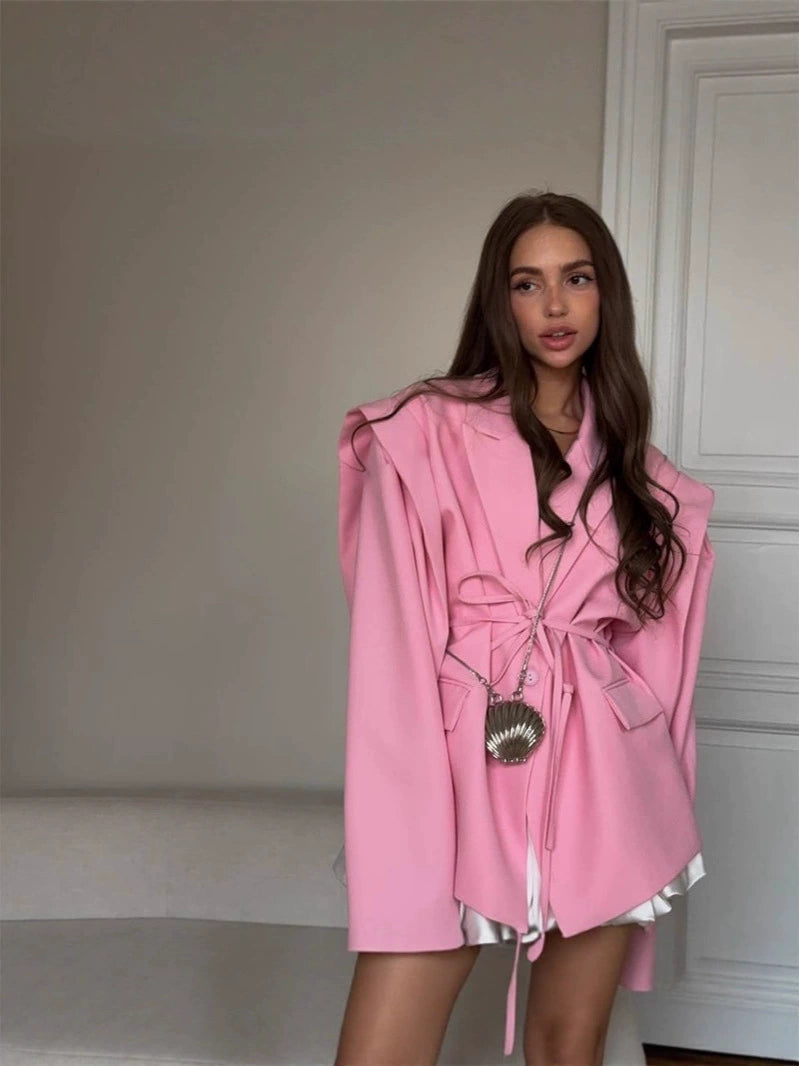 Cross-Border European and American Women's Clothing 2026 Summer New Style Elegant Commuter Casual V-Neck Tie Shoulder Pad Long-Sleeve Blazer for Women