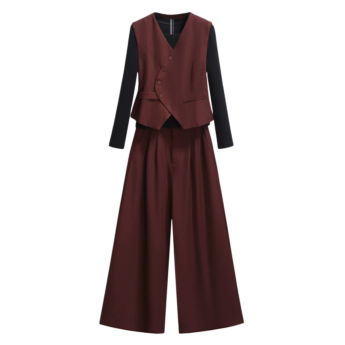 Gray Sleeveless Vest, Long-Sleeved T-Shirt, and Wide-Leg Pants Three-Piece Set