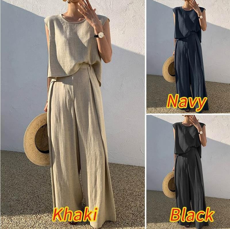 2026 Spring/Summer New Cotton and Linen Fashion Casual Loose Two-Piece Set Sleeveless Top and Loose Wide-Leg Pants for Women