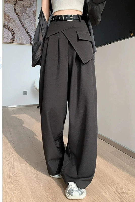 High-End Faux Two-Piece Draped Suit Wide-Leg Pants for Women, 2026 Spring New High-Waisted Slimming Casual Straight-Leg Floor-Length Pants